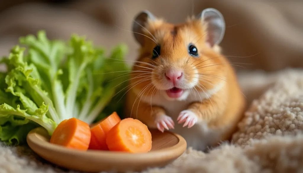 A cute hamster with brown fur sits on a soft blanket, looking up with curiosity. In front of it is a small wooden plate with fresh lettuce leaves and sliced carrots. The scene is warmly lit, creating a cozy atmosphere.