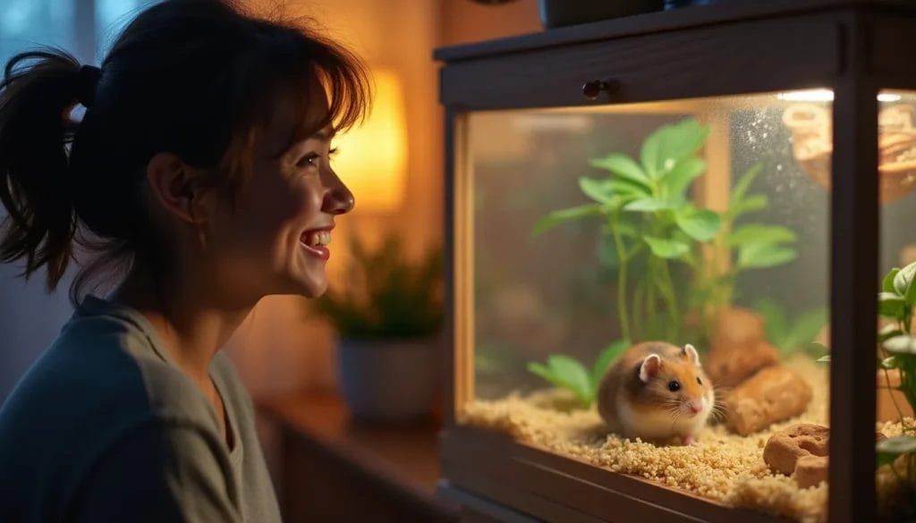 A woman with a ponytail smiles as she watches a hamster in a well-lit glass cage filled with sawdust, plants, and climbing structures. The room is warmly lit with a cozy ambiance.