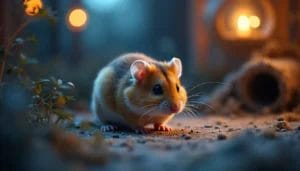 A cute hamster with orange and white fur stands on a sandy surface in a warmly lit, cozy environment. Small plants and soft lighting from lanterns in the background add to the calm and serene atmosphere.