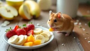 A cute hamster with light brown fur stands on a wooden table, nibbling on a piece of mango. In front of it is a small plate filled with slices of strawberries, bananas, and mango. In the background, bananas and an apple are slightly out of focus.