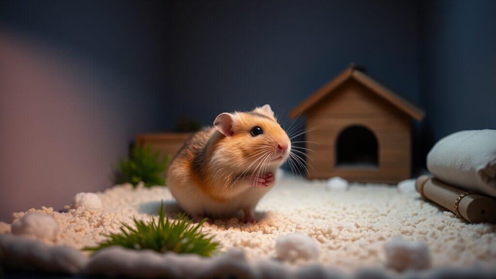 A small hamster with brown and white fur sits on a soft, white surface inside a cozy enclosure. The enclosure features green plants, a wooden house, and rolled towels in the background, creating a comfortable environment for the hamster.