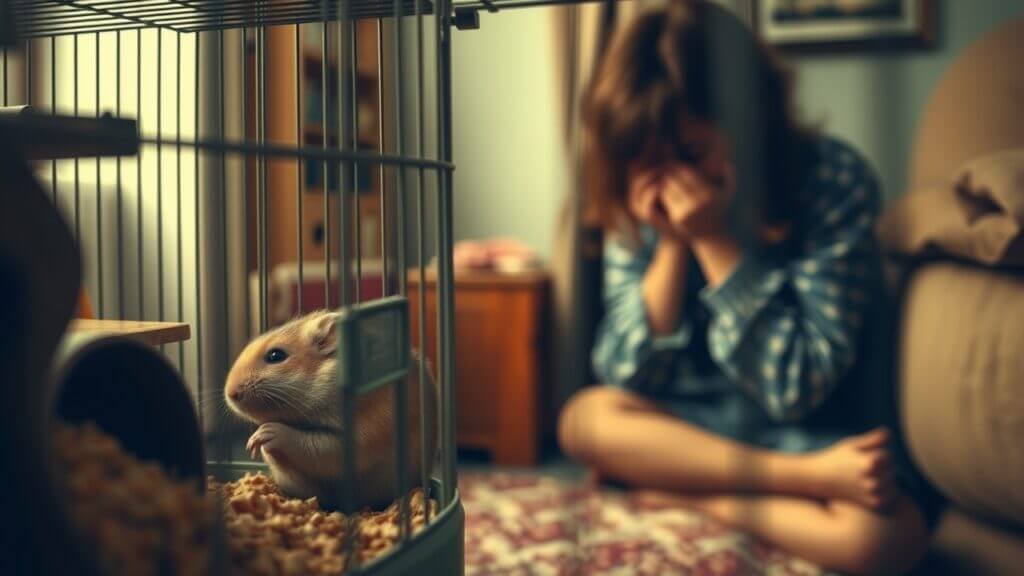 A small hamster sits inside a cage, while a child in the background appears to be upset, covering their face with their hands. The room is softly lit, creating a warm but somber atmosphere.