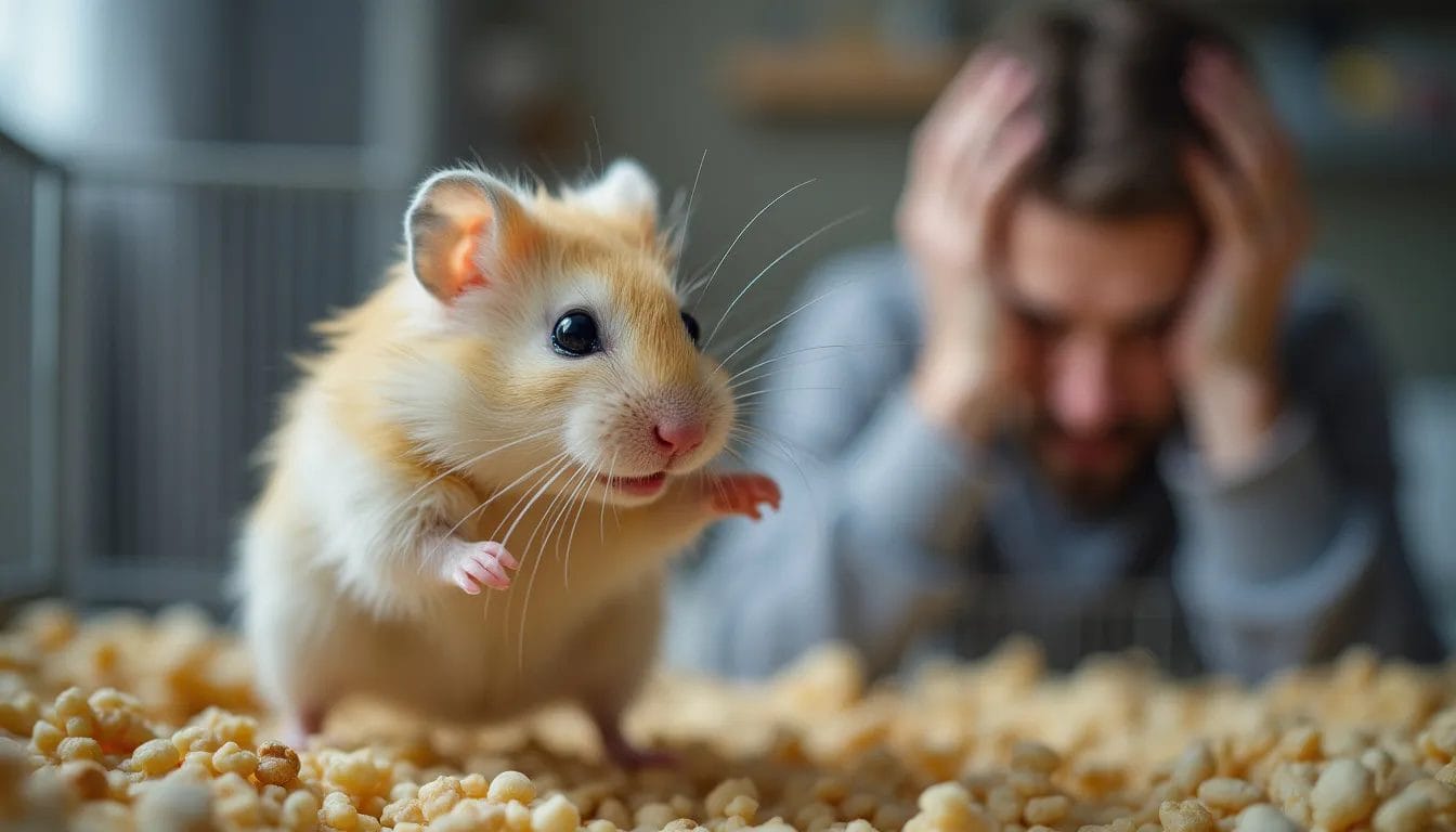 A close-up of a hamster with light brown and white fur standing on bedding, looking excited. In the blurred background, a man with a beard is holding his head in his hands, appearing frustrated or stressed.